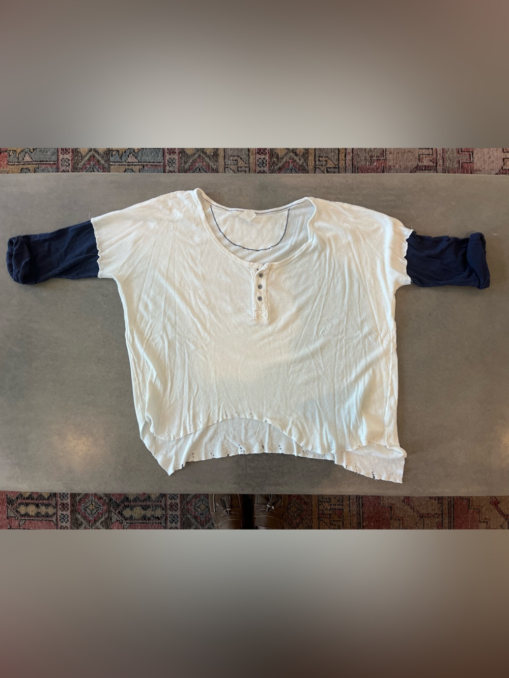 We The Free - White distressed Henley Top with Navy Three-Quarter Sleeves - XS